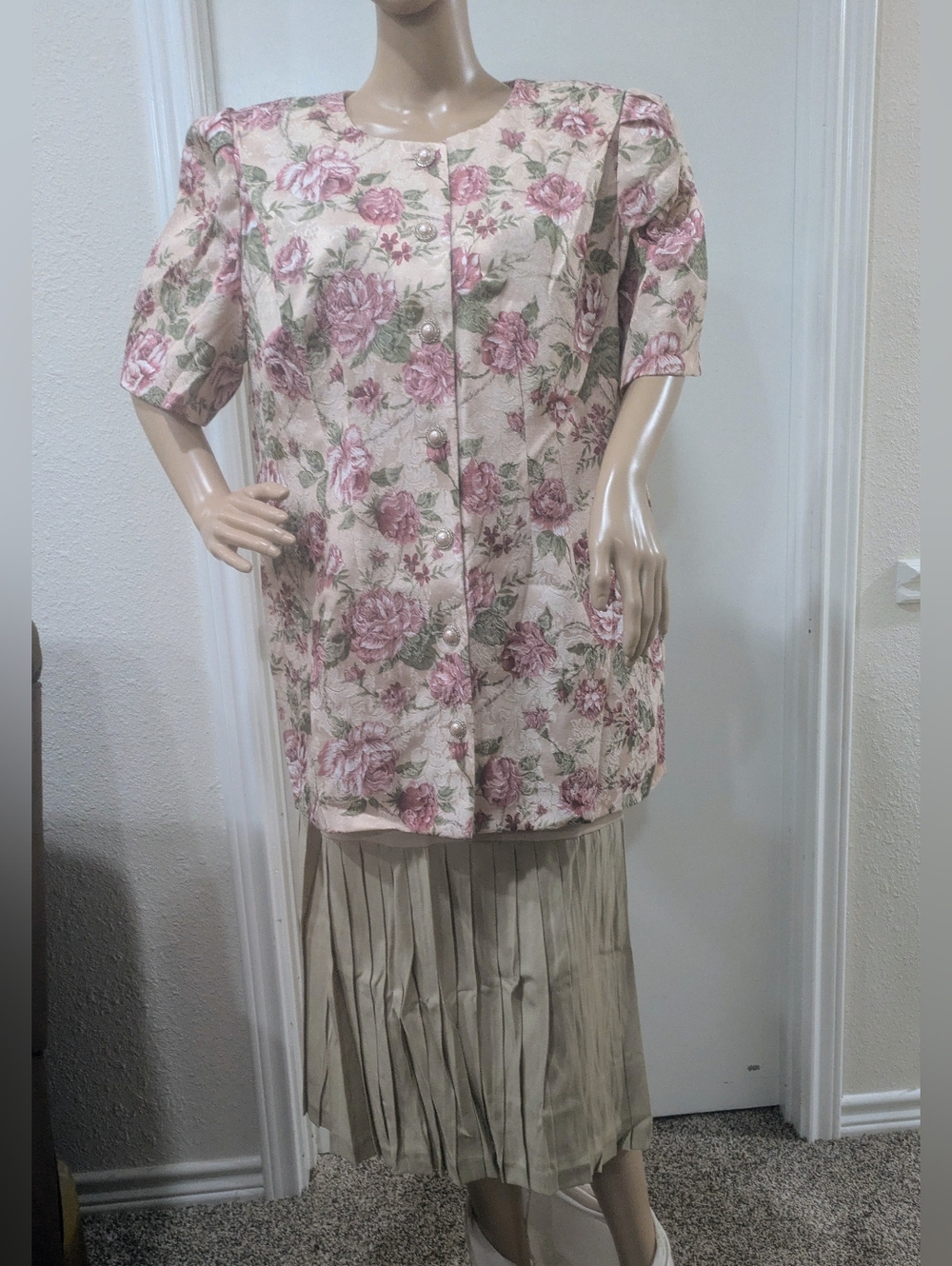 Vintage 2pc Floral Jacket/Tank Slip Skirt Shoulder Pads Dress Size 14P MORE JAZZ